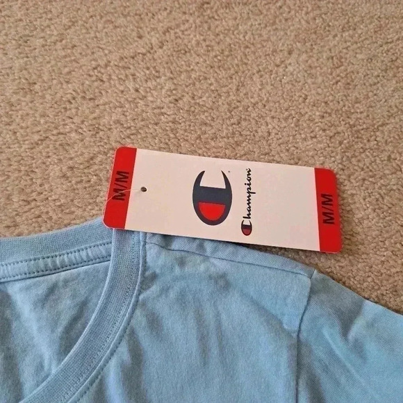 ❤️ New! Champion Logo Tee Medium 100% Cotton Light Blue Short  Sleeved T-shirt - Picture 6 of 9